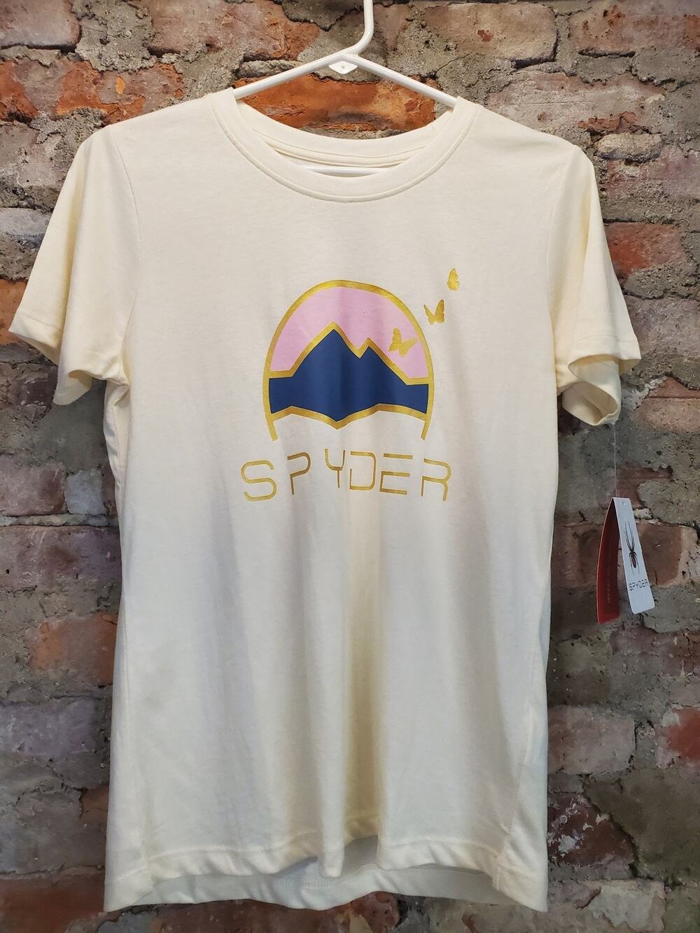 Spyder Womens T Shirt S Small Cream Graphic Mountain Butterfly Short Sleeve